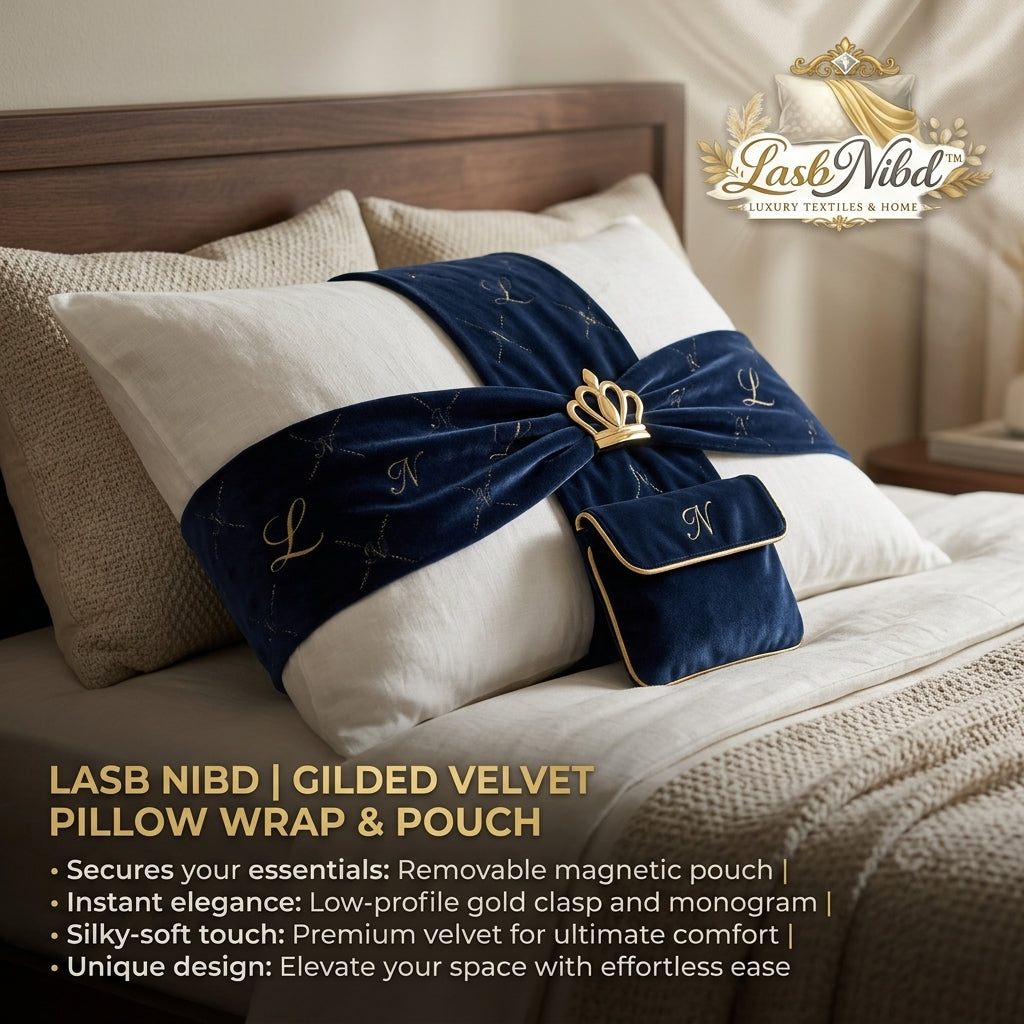 LasbNibd™ Gilded Velvet Pillow Wrap & Pouch | Luxury Bed Sash with Magnetic Storage & Gold Crown Clasp | Premium Soft Velvet Bedding Accessory for Master Bedroom Decor