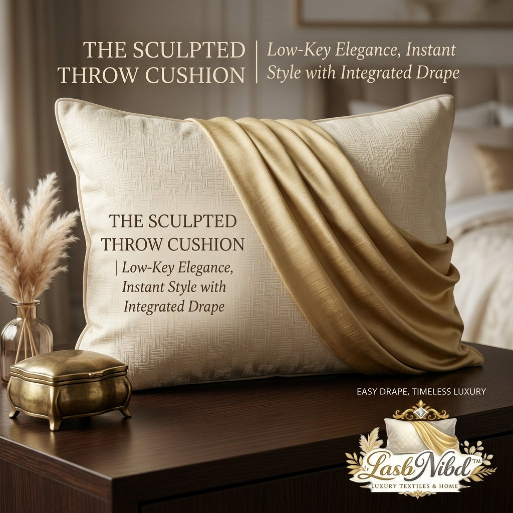 LasbNibd™ The Sculpted Throw Cushion – Luxury Decorative Pillow with Integrated Satin Drape, Textured Cream & Gold Accent, Effortless Styling for Sofa, Bed & Living Room Decor