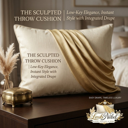 LasbNibd™ The Sculpted Throw Cushion – Luxury Decorative Pillow with Integrated Satin Drape, Textured Cream & Gold Accent, Effortless Styling for Sofa, Bed & Living Room Decor